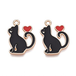 Charm mini pandantiv auriu emailat pisica neagra 21x14,5mm