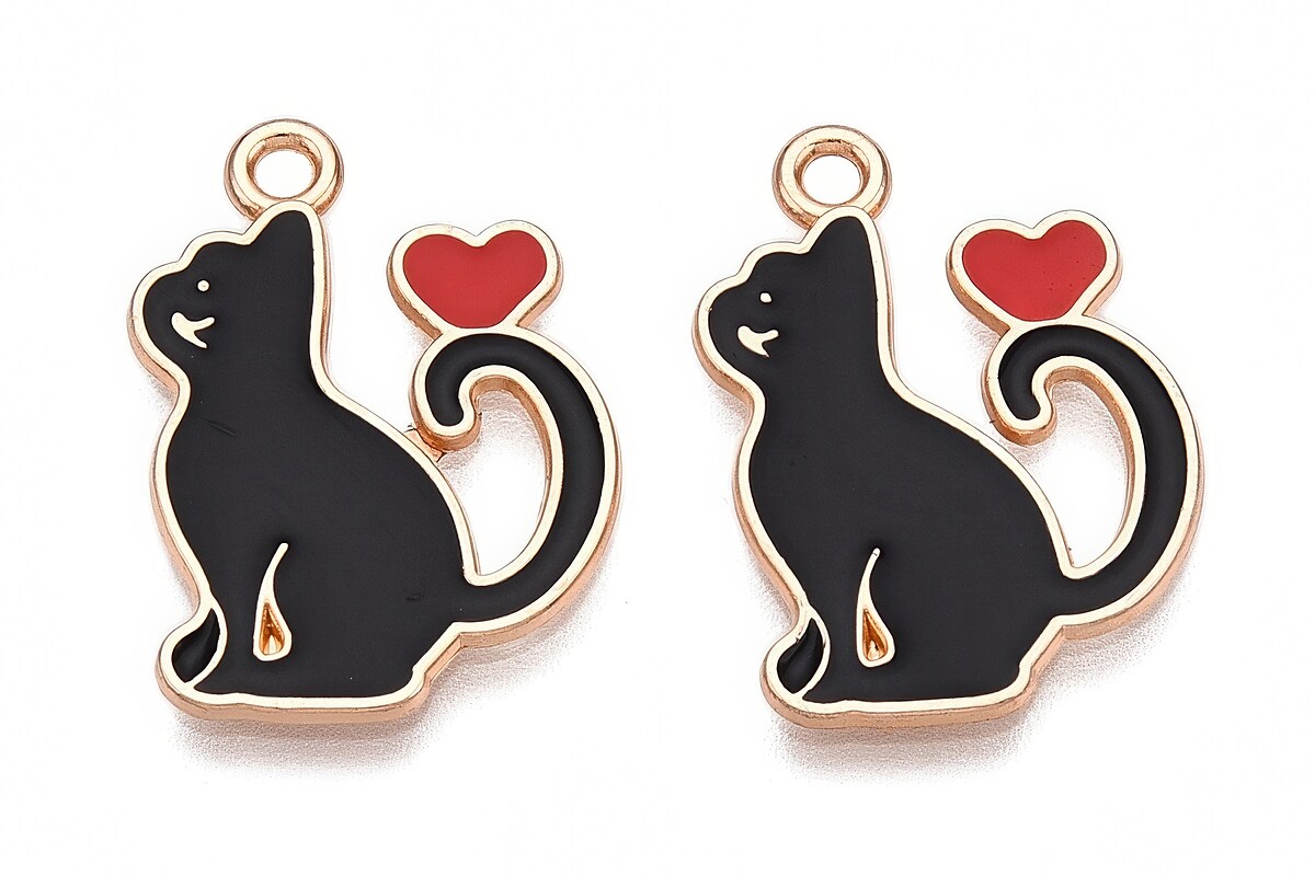 Charm mini pandantiv auriu emailat pisica neagra 21x14,5mm