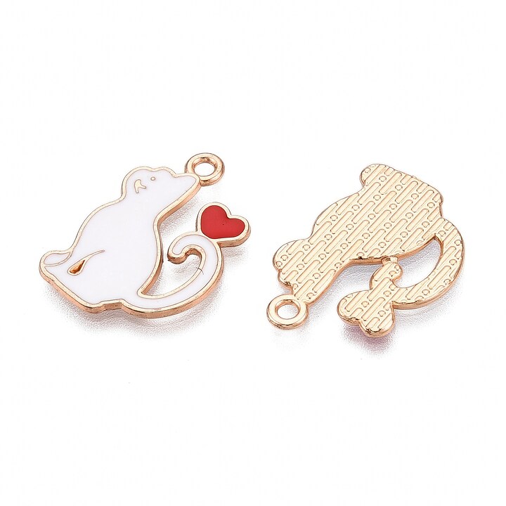 Charm mini pandantiv auriu emailat pisica alba 21x14,5mm