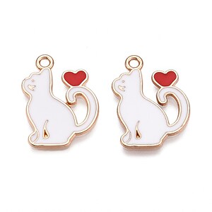 Charm mini pandantiv auriu emailat pisica alba 21x14,5mm