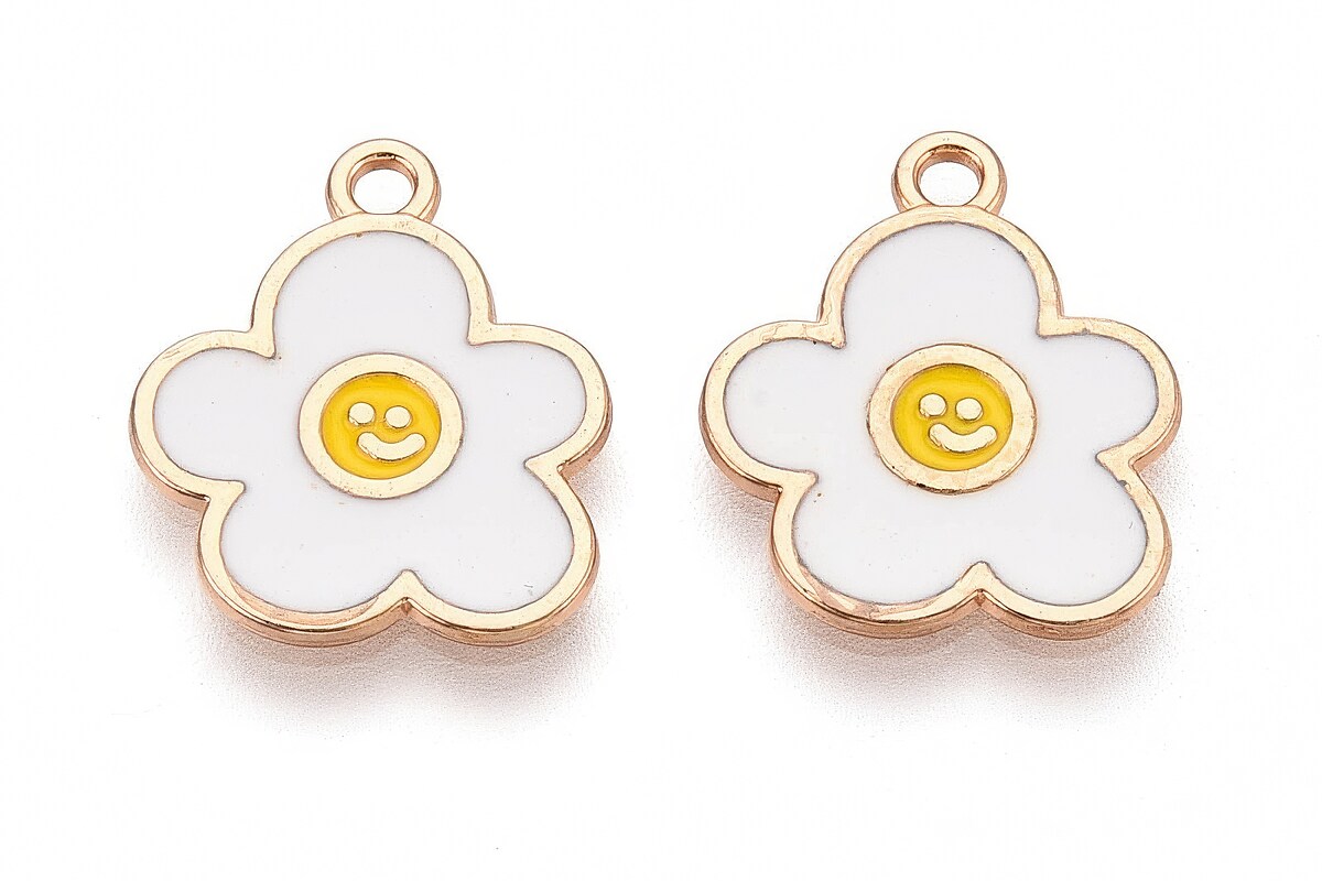 Charm mini pandantiv auriu emailat floare alba 17x14,5mm