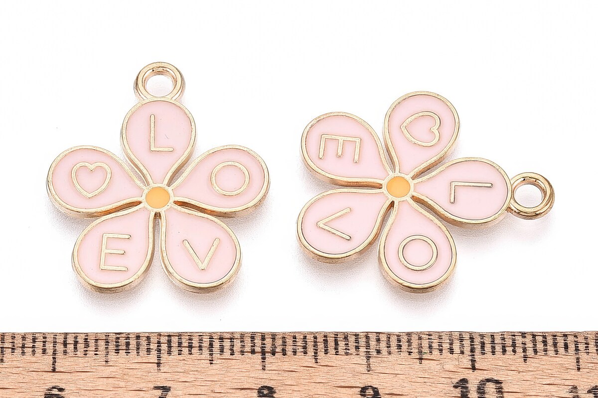 Charm mini pandantiv auriu emailat floare roz 25x22mm