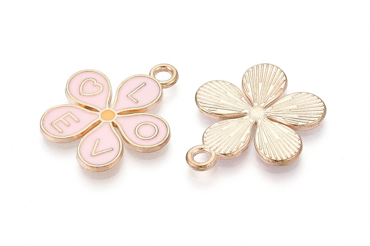 Charm mini pandantiv auriu emailat floare roz 25x22mm