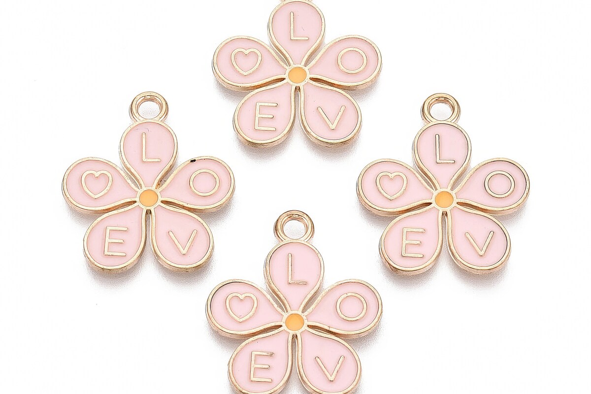 Charm mini pandantiv auriu emailat floare roz 25x22mm