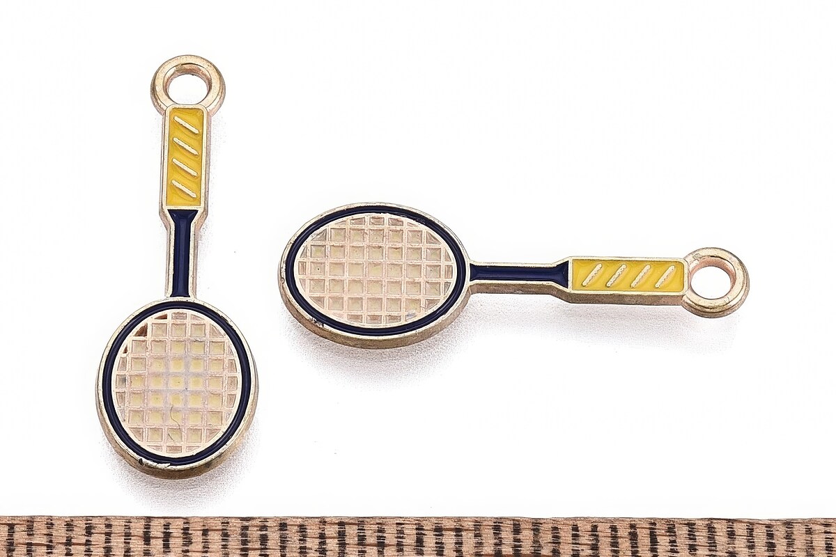 Charm mini pandantiv auriu emailat paleta de badminton 25x8,5mm
