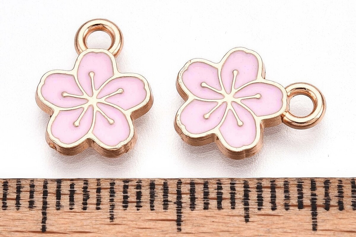 Charm mini pandantiv auriu emailat floare roz 11x9mm