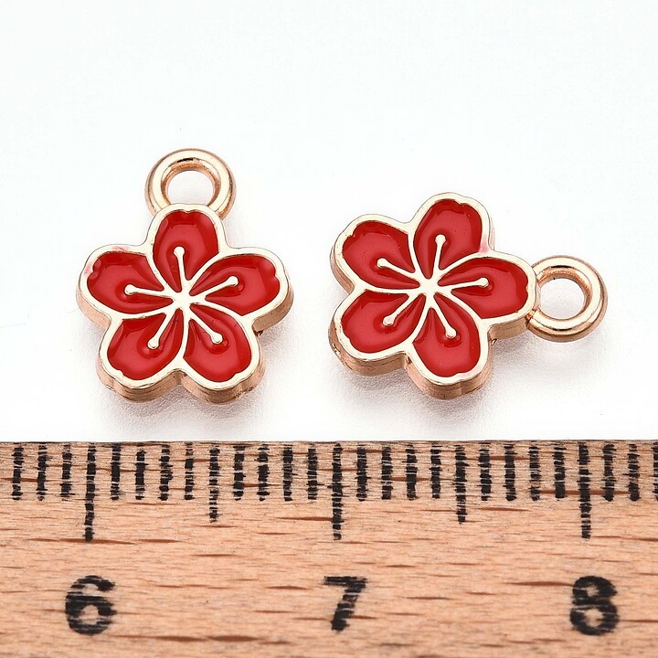 Charm mini pandantiv auriu emailat floare rosie 11x9mm
