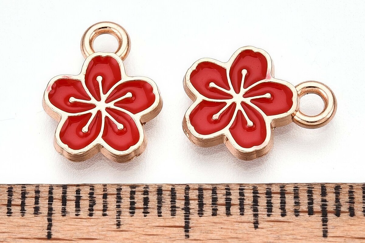 Charm mini pandantiv auriu emailat floare rosie 11x9mm