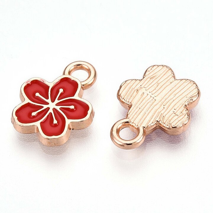 Charm mini pandantiv auriu emailat floare rosie 11x9mm