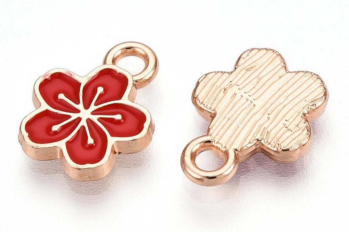 Charm mini pandantiv auriu emailat floare rosie 11x9mm