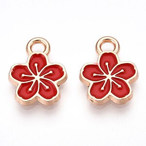 Charm mini pandantiv auriu emailat floare rosie 11x9mm
