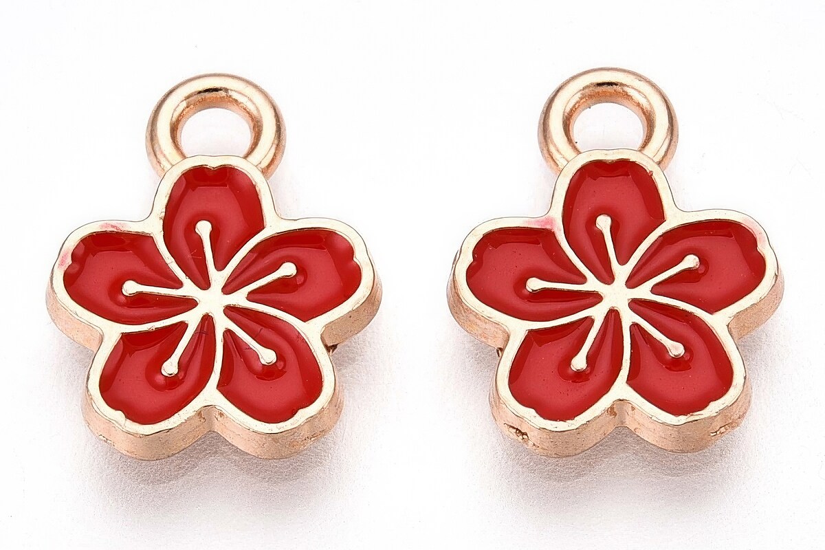 Charm mini pandantiv auriu emailat floare rosie 11x9mm