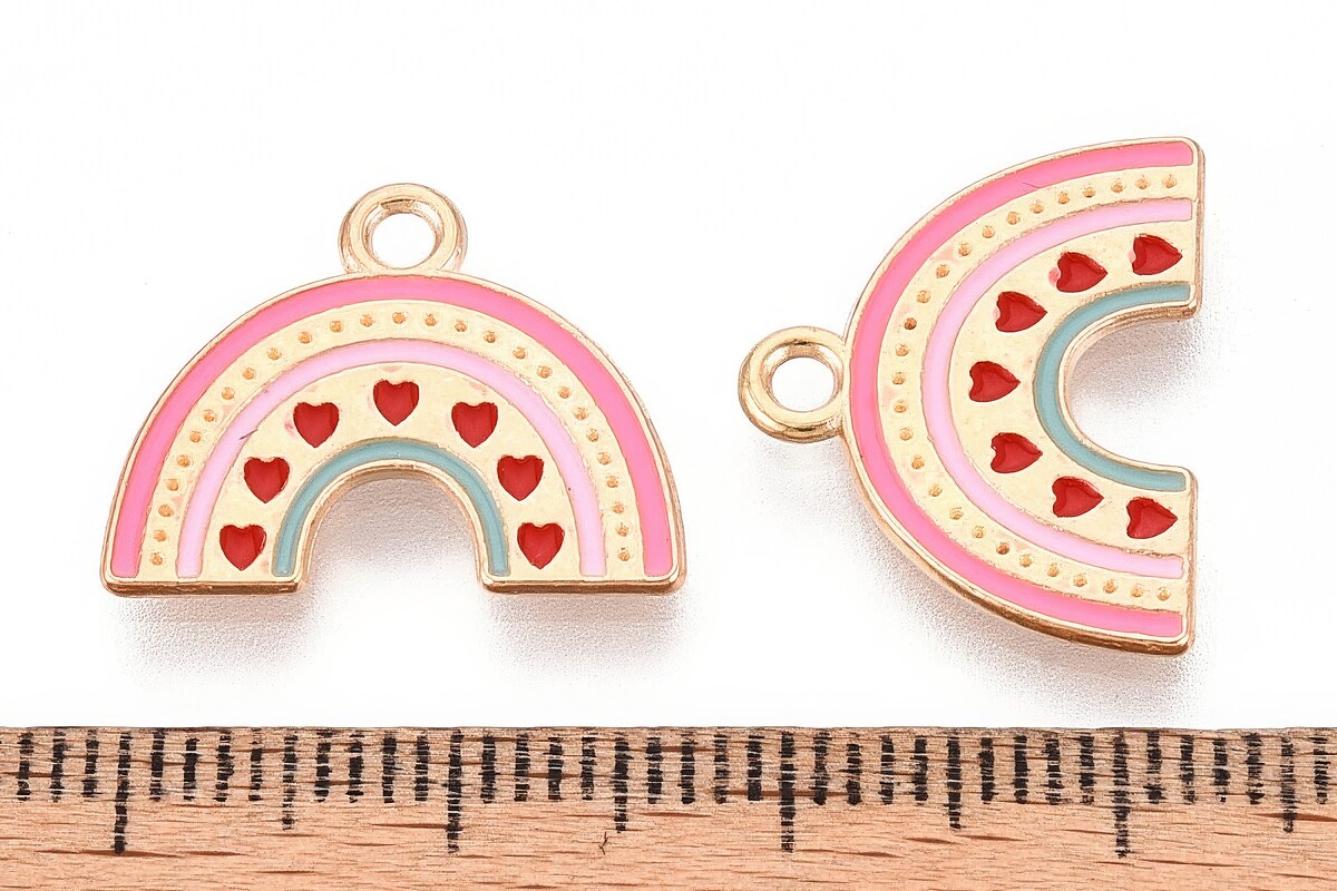 Charm mini pandantiv auriu emailat curcubeu cu inimioare 14x18mm