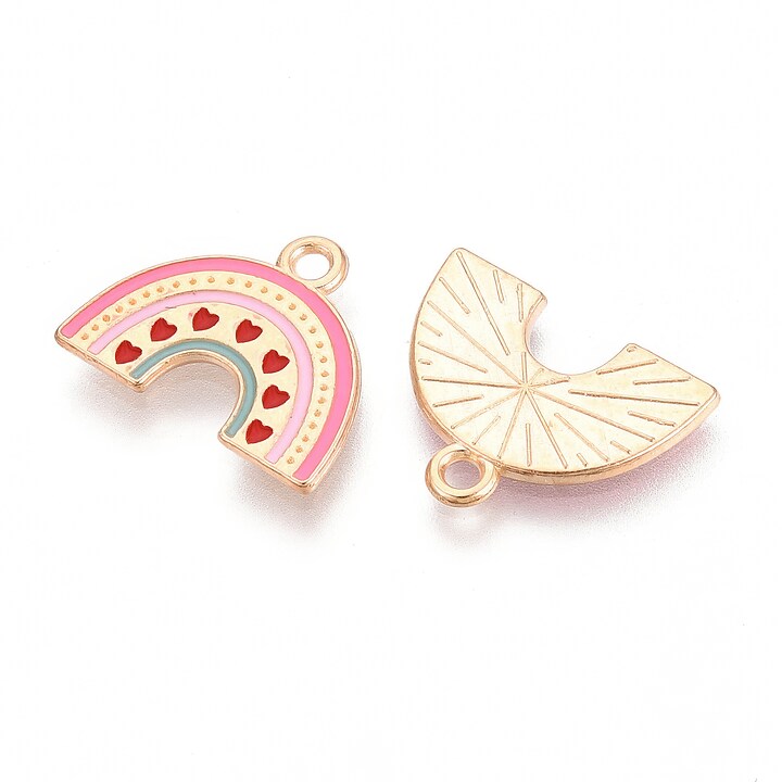 Charm mini pandantiv auriu emailat curcubeu cu inimioare 14x18mm