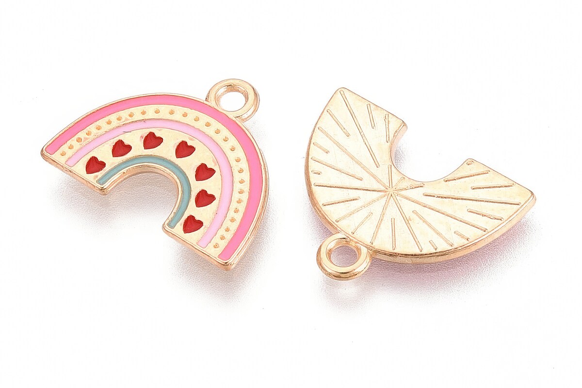 Charm mini pandantiv auriu emailat curcubeu cu inimioare 14x18mm