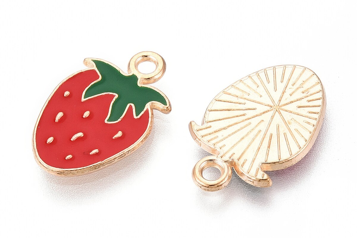 Charm mini pandantiv auriu emailat capsuna 18x11,5mm