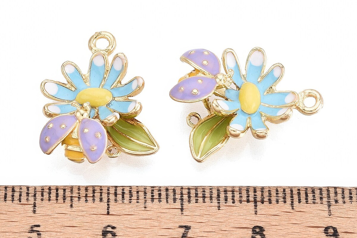 Charm mini pandantiv auriu emailat floare bleu 3d 21x18mm