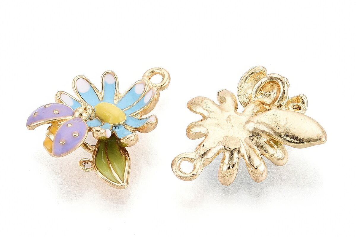 Charm mini pandantiv auriu emailat floare bleu 3d 21x18mm