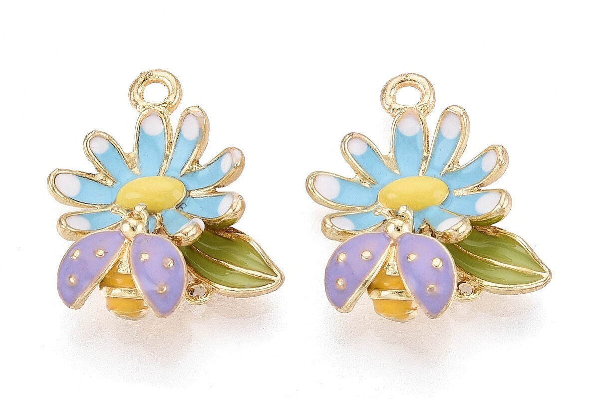 Charm mini pandantiv auriu emailat floare bleu 3d 21x18mm