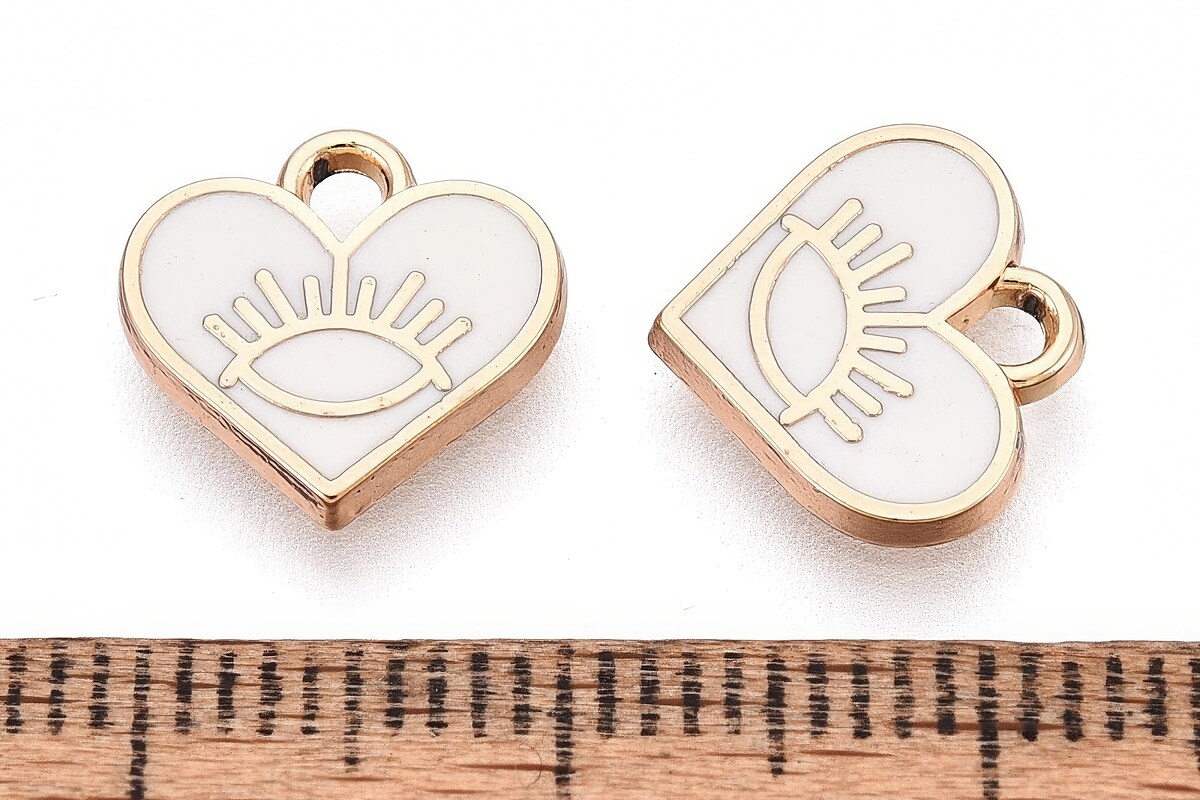 Charm mini pandantiv auriu emailat inima cu model ochi 10x11mm