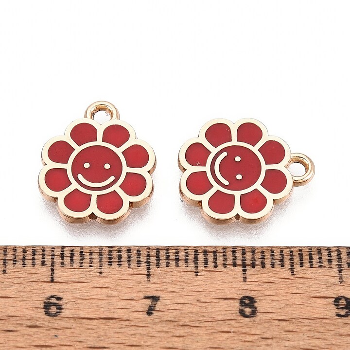 Charm mini pandantiv auriu emailat floare rosie 15x12mm