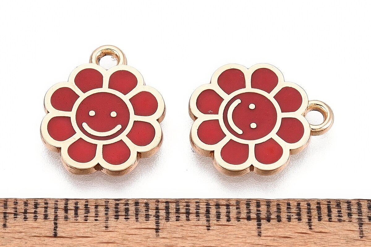 Charm mini pandantiv auriu emailat floare rosie 15x12mm