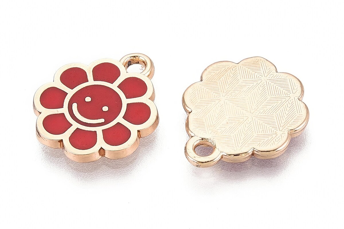 Charm mini pandantiv auriu emailat floare rosie 15x12mm