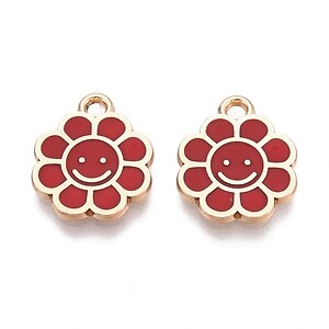 Charm mini pandantiv auriu emailat floare rosie 15x12mm