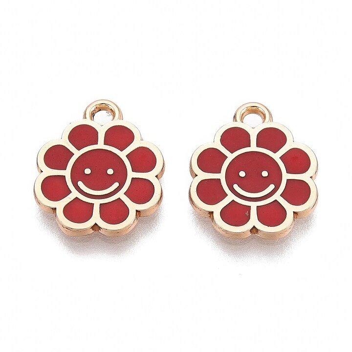 Charm mini pandantiv auriu emailat floare rosie 15x12mm