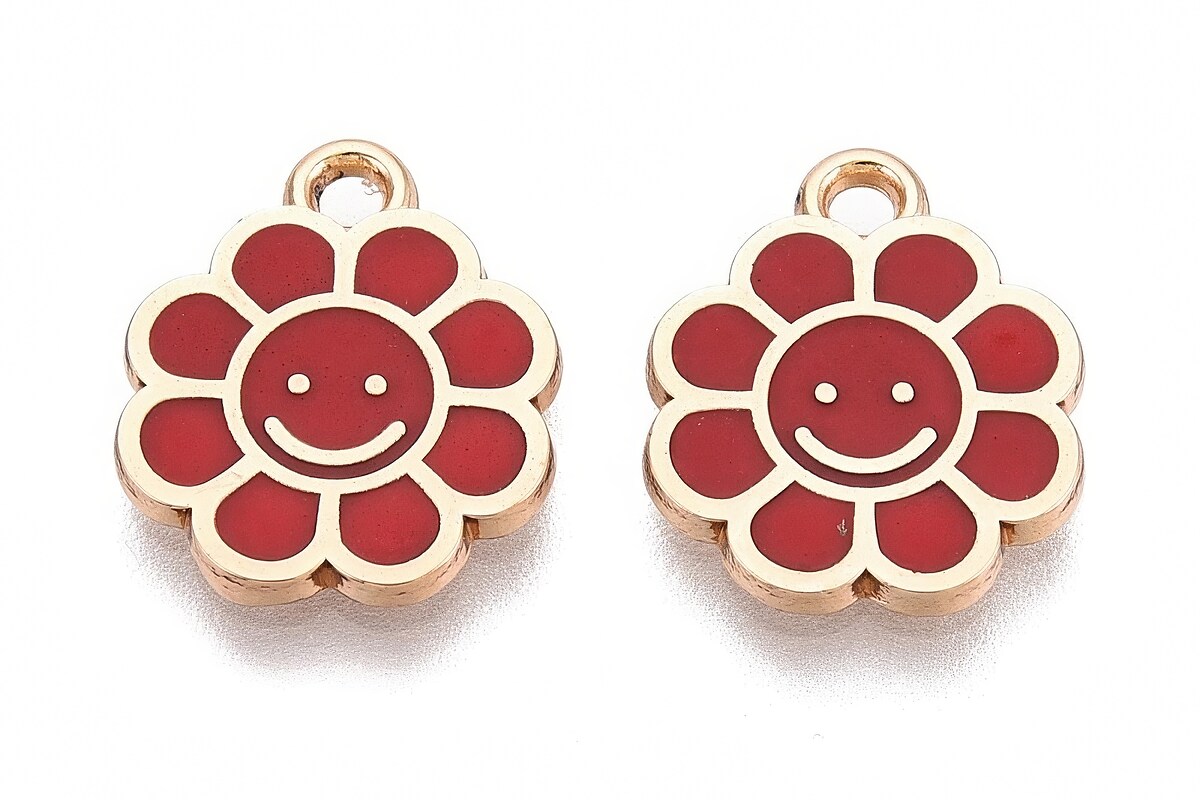 Charm mini pandantiv auriu emailat floare rosie 15x12mm