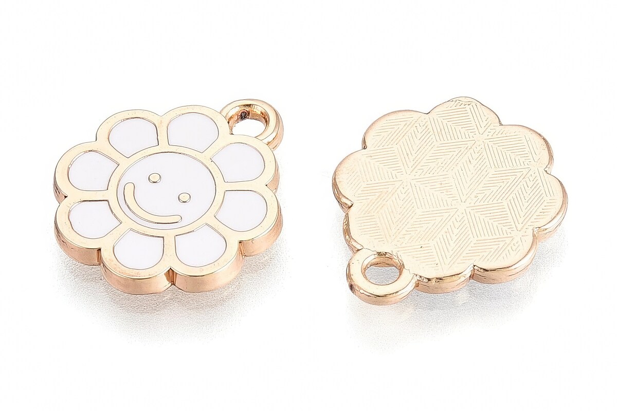 Charm mini pandantiv auriu emailat floare alba 15x12mm