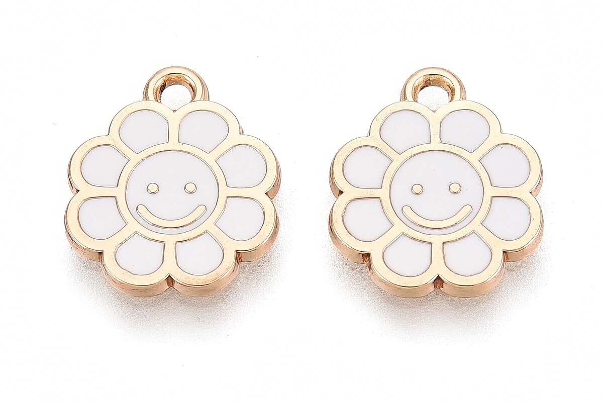 Charm mini pandantiv auriu emailat floare alba 15x12mm