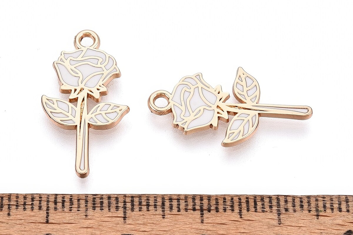 Charm mini pandantiv auriu emailat trandafir alb 22x12mm