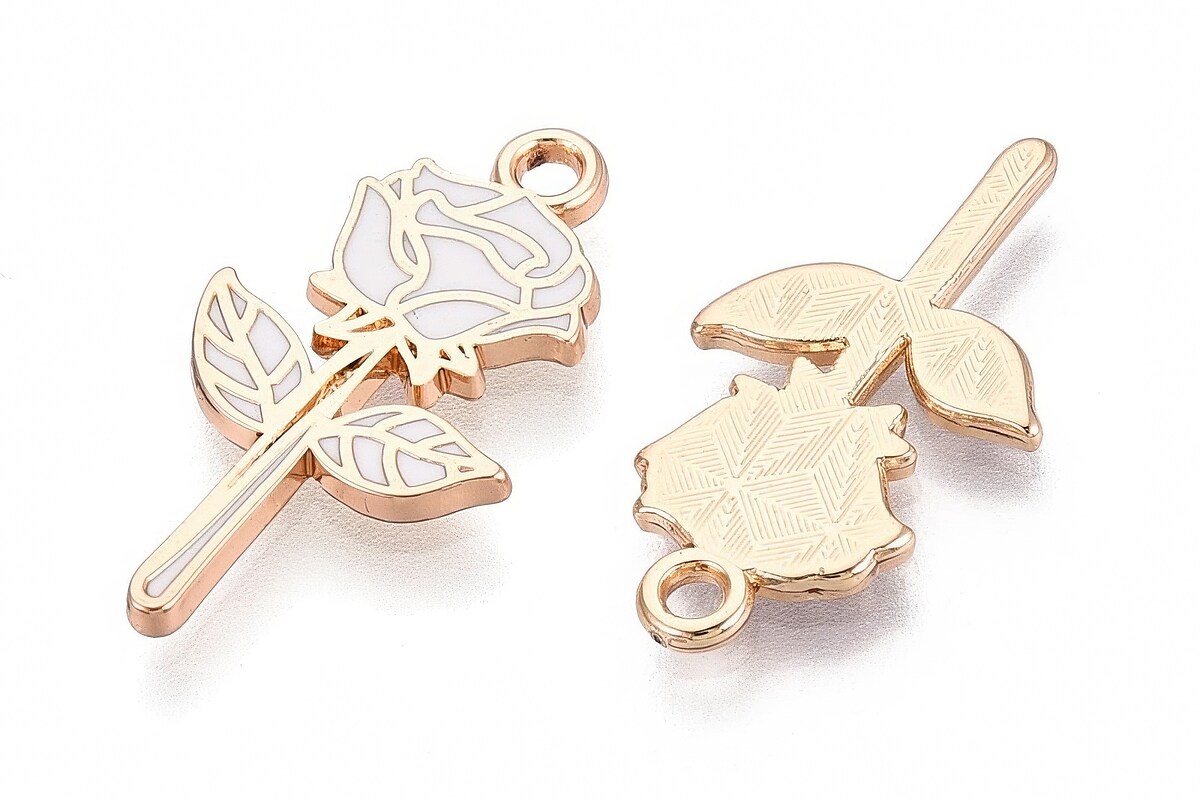 Charm mini pandantiv auriu emailat trandafir alb 22x12mm