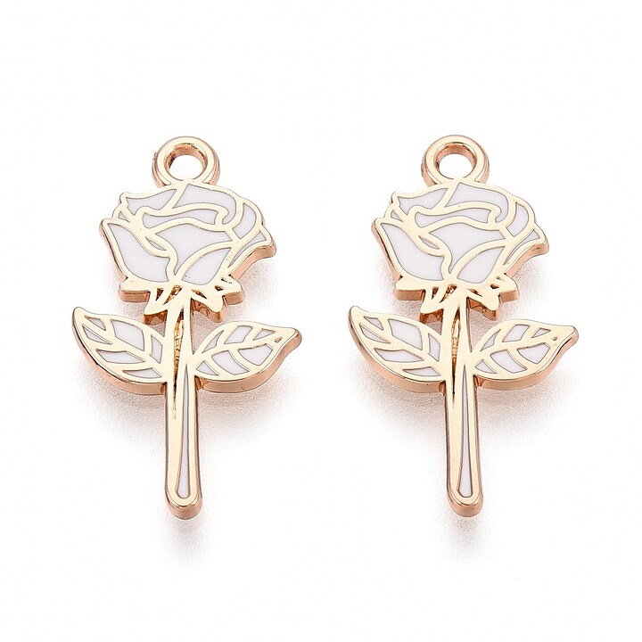 Charm mini pandantiv auriu emailat trandafir alb 22x12mm
