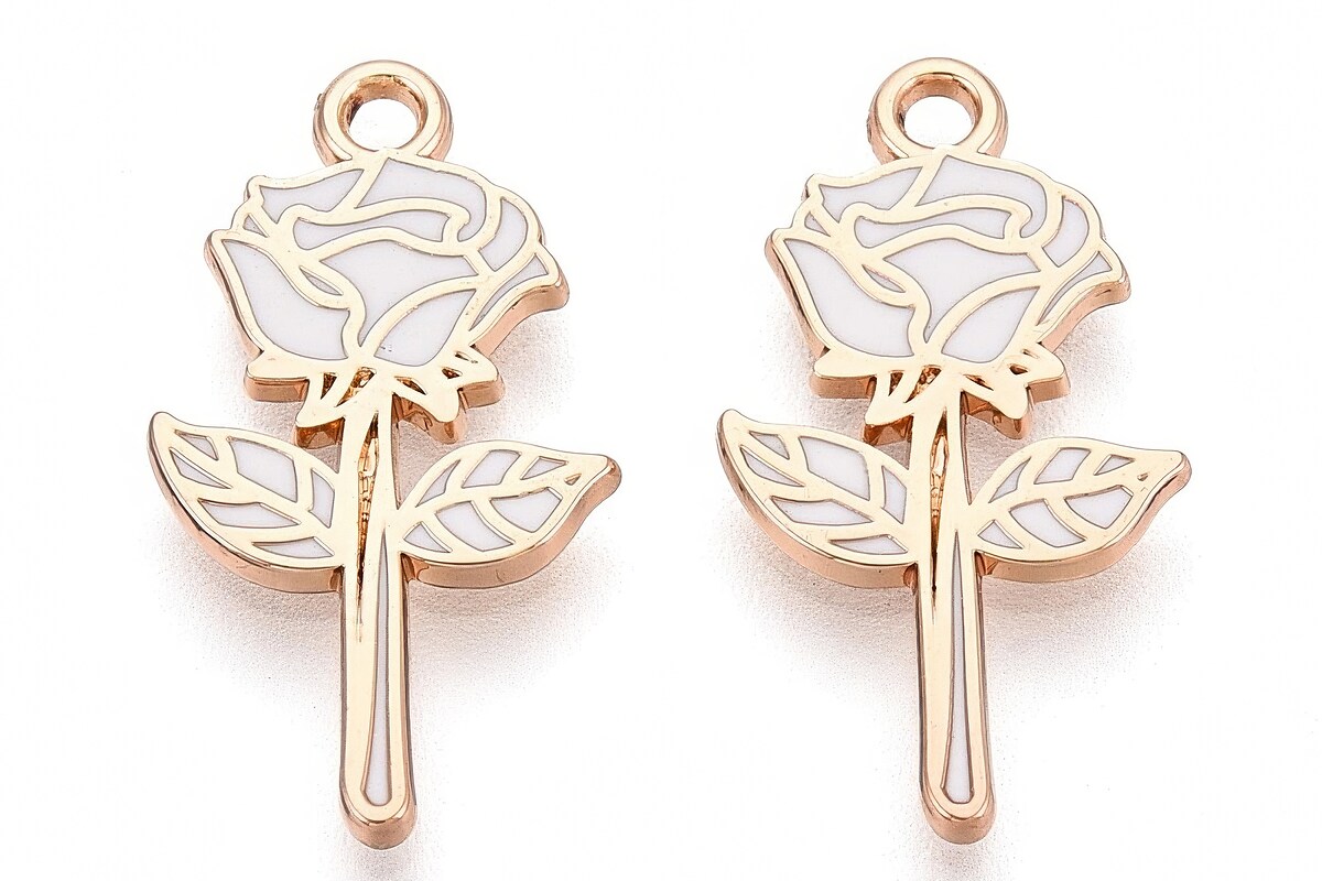 Charm mini pandantiv auriu emailat trandafir alb 22x12mm
