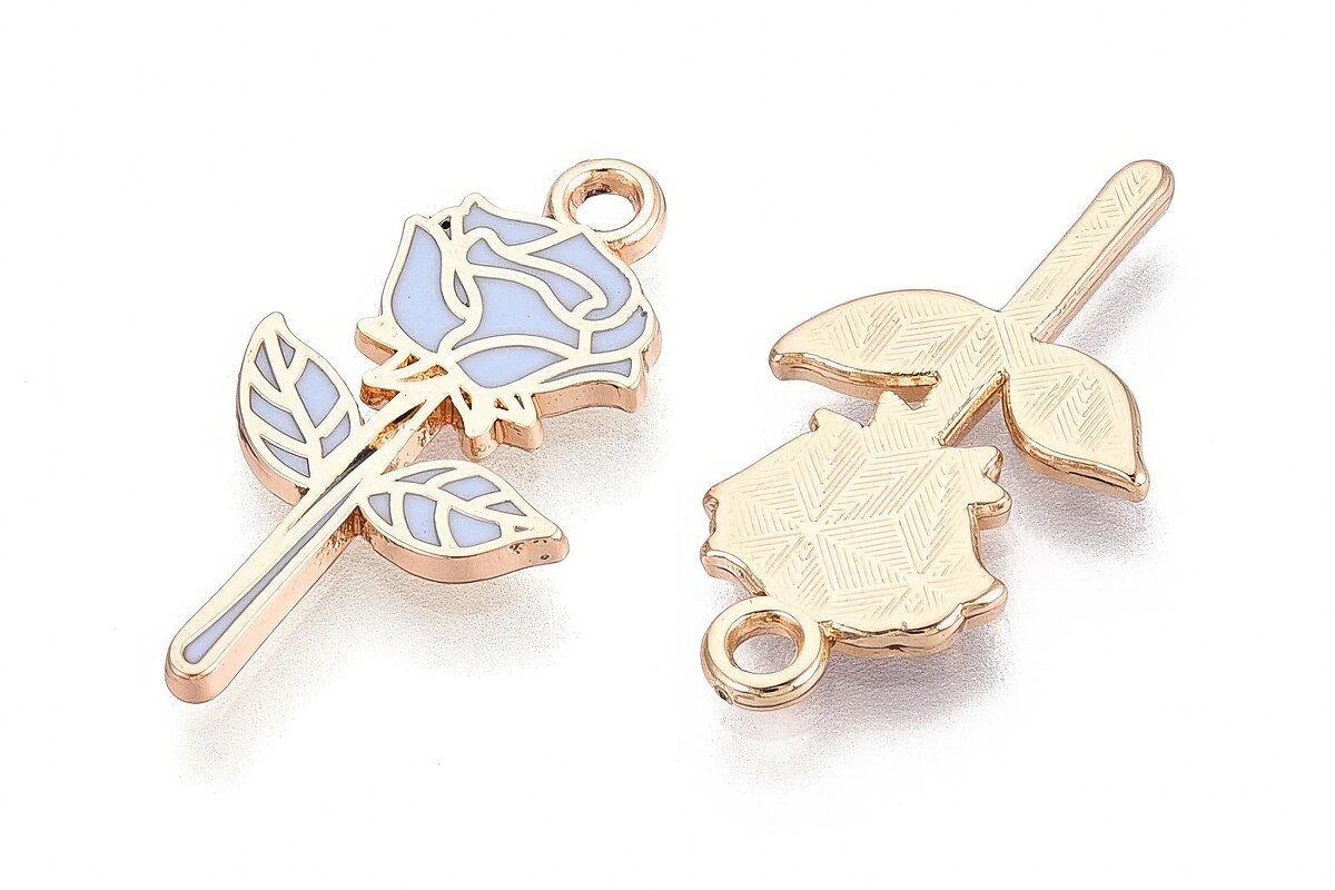 Charm mini pandantiv auriu emailat trandafir albastru 22x12mm