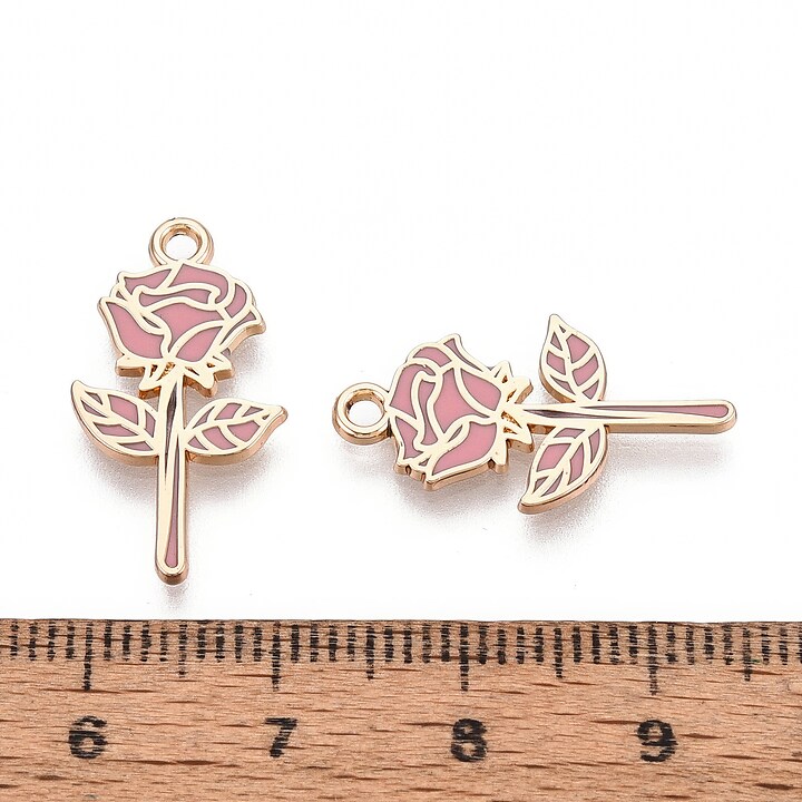 Charm mini pandantiv auriu emailat trandafir roz 22x12mm