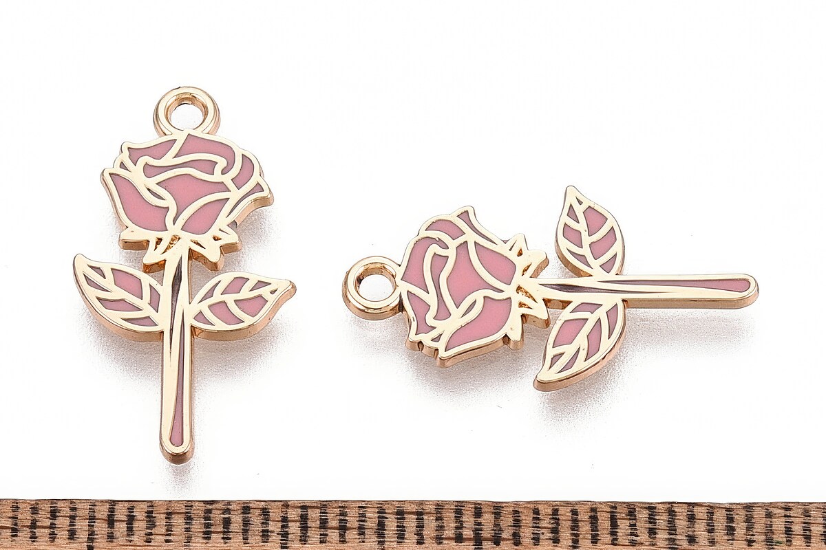 Charm mini pandantiv auriu emailat trandafir roz 22x12mm