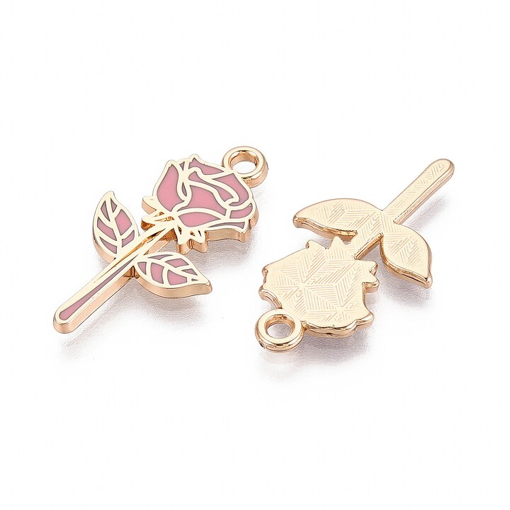 Charm mini pandantiv auriu emailat trandafir roz 22x12mm
