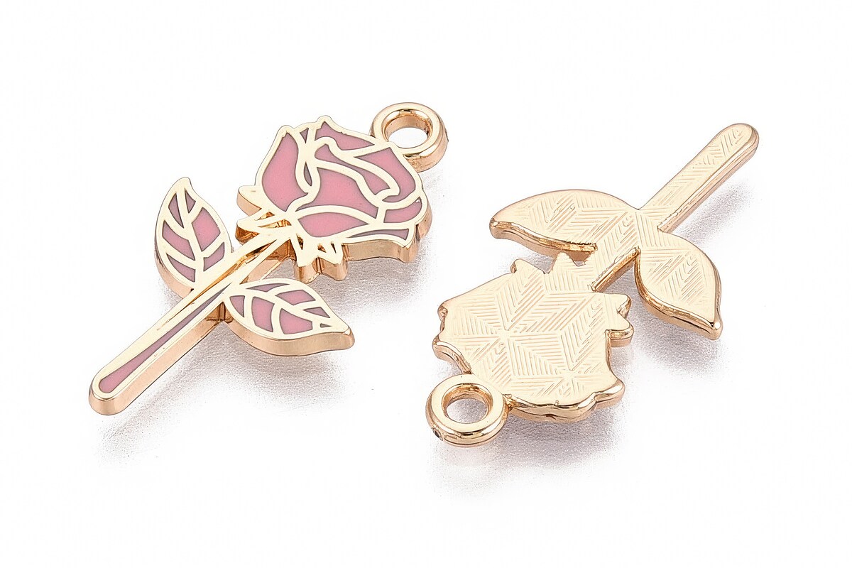 Charm mini pandantiv auriu emailat trandafir roz 22x12mm