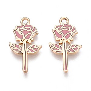 Charm mini pandantiv auriu emailat trandafir roz 22x12mm