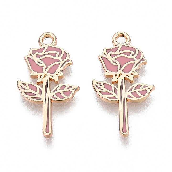 Charm mini pandantiv auriu emailat trandafir roz 22x12mm