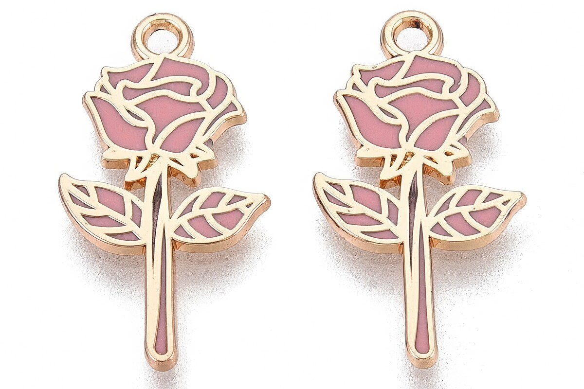 Charm mini pandantiv auriu emailat trandafir roz 22x12mm