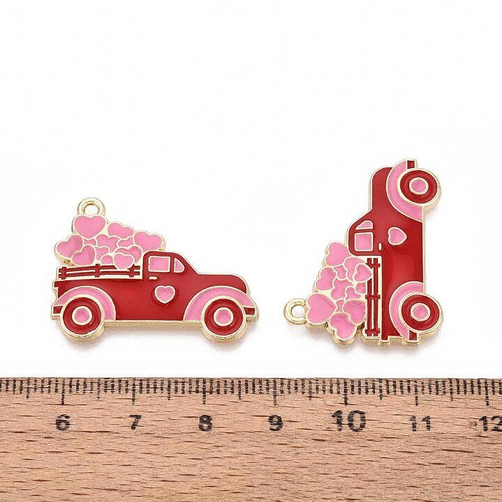 Charm mini pandantiv auriu emailat masina cu inimi 23x30mm