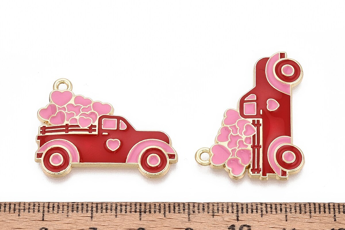 Charm mini pandantiv auriu emailat masina cu inimi 23x30mm