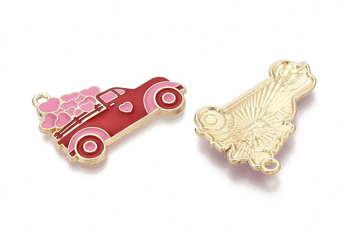 Charm mini pandantiv auriu emailat masina cu inimi 23x30mm
