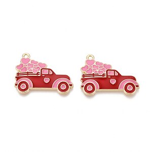 Charm mini pandantiv auriu emailat masina cu inimi 23x30mm
