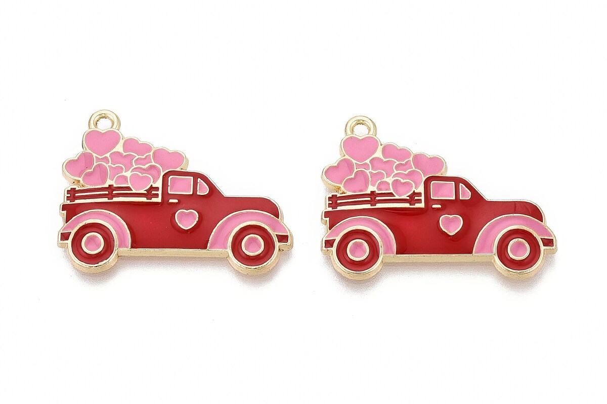 Charm mini pandantiv auriu emailat masina cu inimi 23x30mm