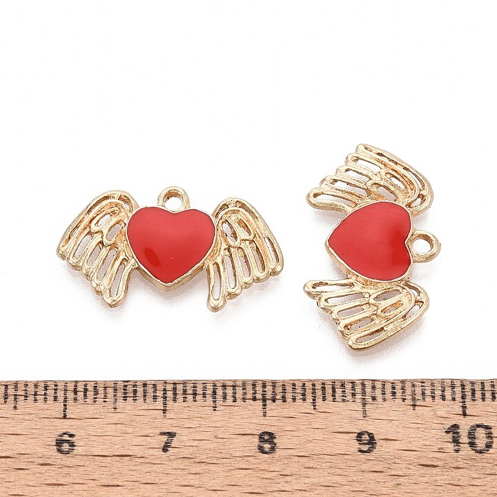 Charm mini pandantiv auriu emailat inima cu aripi 14x23,5mm